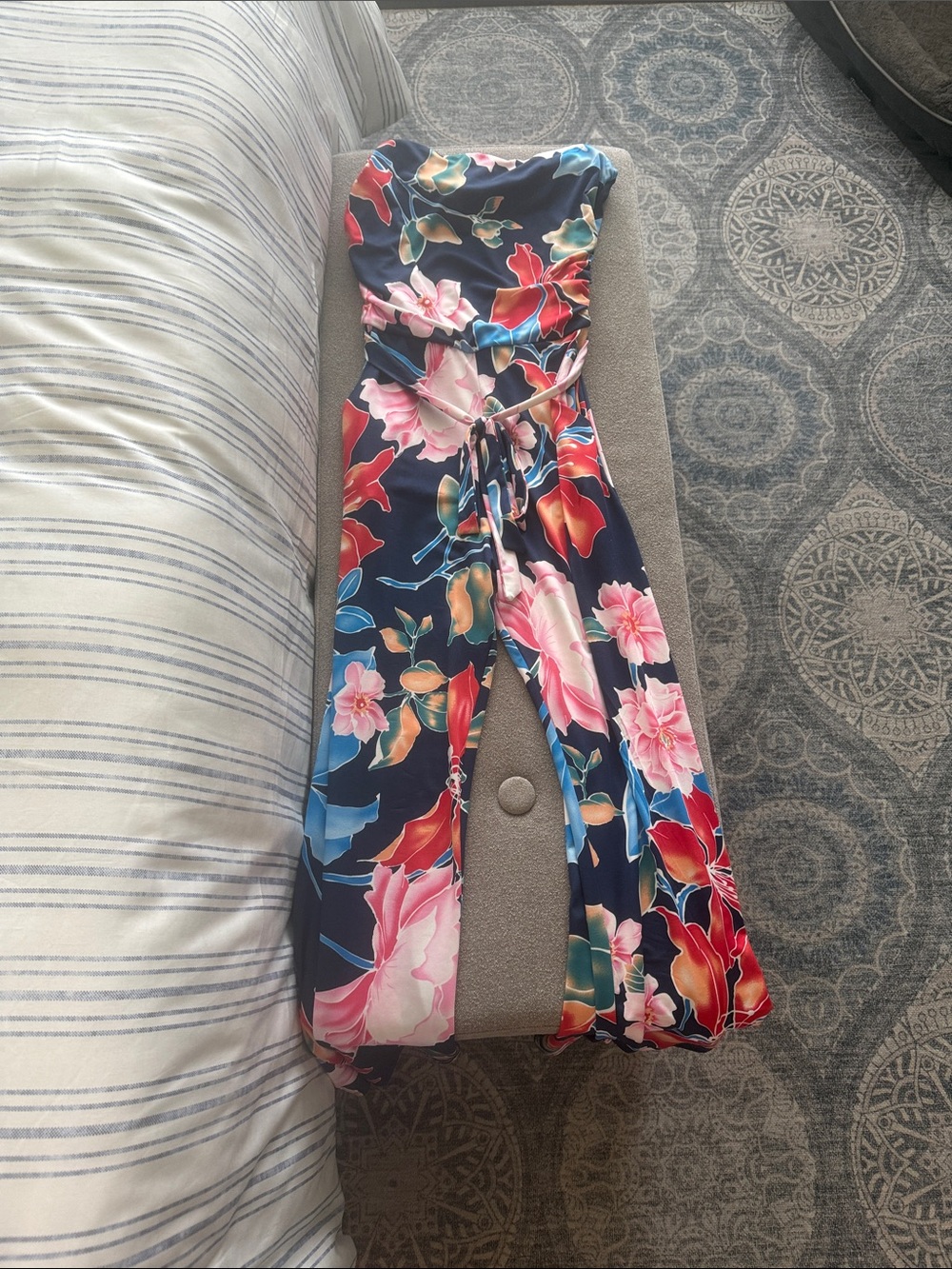 Veronica M Navy Floral Strapless Wide-Leg Jumpsuit